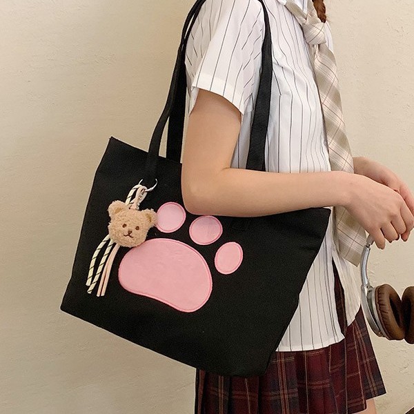 New large-capacity cartoon hand-held canvas shoulder bag, single-shoulder bag, storage bag, cute cartoon cat paw handbag for girls full figure