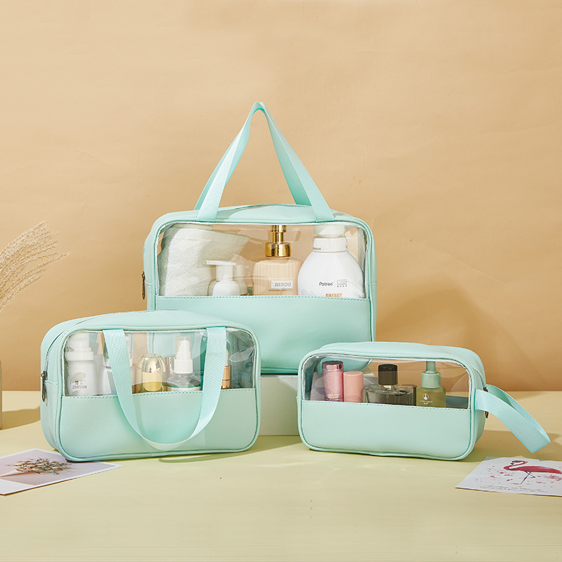 In stock: PVC semi-transparent spliced cosmetic bags, large-capacity bath bags, PU waterproof hand-carry portable travel storage bags details Picture