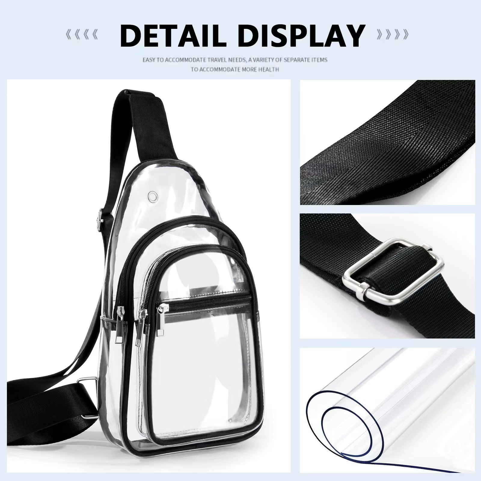 Men's chest bag, transparent sports crossbody bag, travel waterproof storage bag, business backpack, concert certification Specification drawing