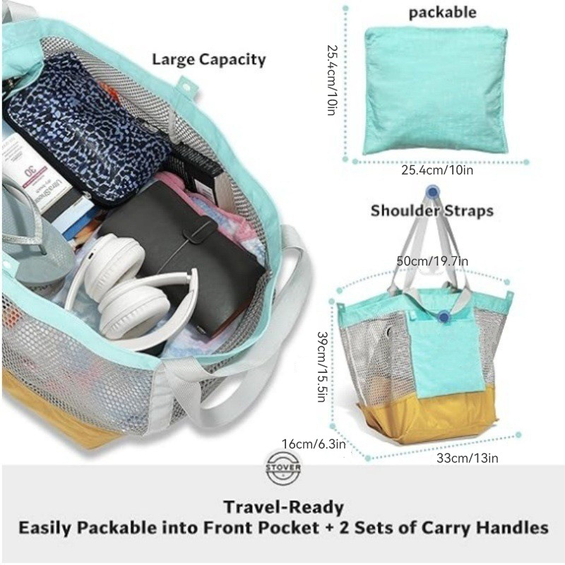 New cross-border large-capacity portable single-shoulder bag, outdoor travel storage bag, net eye bag, layered beach bag details Picture