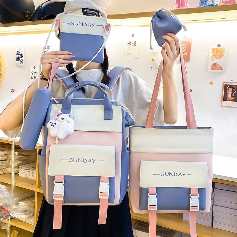Five-piece schoolbag set for girls, Japanese-style ins fresh and clean, Korean-style mommy bag, primary school backpack, junior high school student backpack full figure