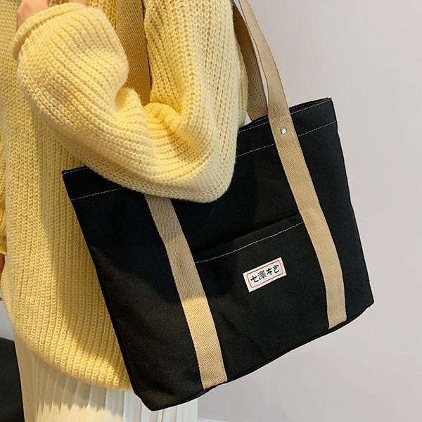 Large-capacity canvas bag for women, 2024 new style, Japanese-style casual student class hand-held and shoulder tote bag full figure