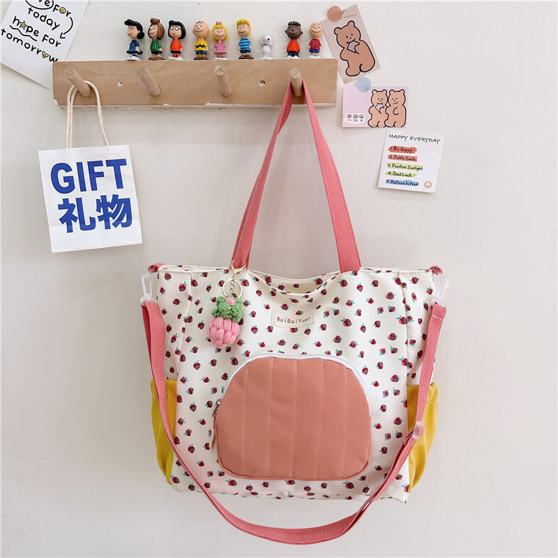 2024 New Japanese-style fresh and light fabric bag, tote bag, strawberry large-capacity single-shoulder crossbody bag, college student class bag full figure