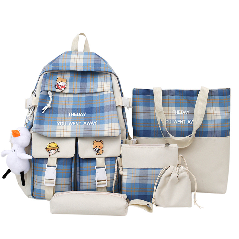 Cross-border new double-shoulder backpack, Korean version checkered five-piece set, large capacity wholesale of primary school schoolbag, supplementary school bag for girls Item Picture