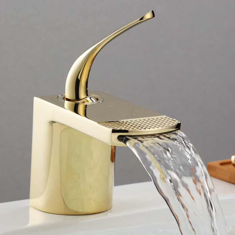 The light luxury waterfall washbasin faucet is rose gold and black. It is a creative white household bathroom sink with cold and hot water faucets details Picture