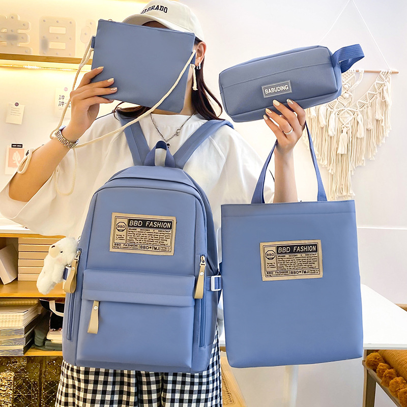 New simple Korean style casual backpack for girls, four-piece set, large capacity, versatile, lightweight backpack for primary and junior high school Specification drawing