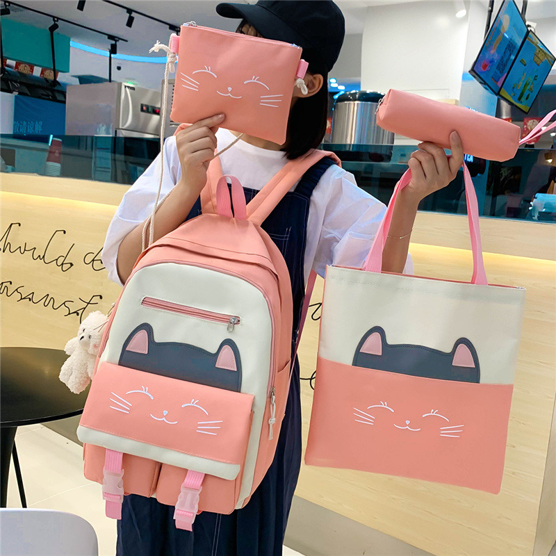 A new Korean-style schoolbag for girls, featuring cute cartoon cats, is a four-piece backpack set for grades three to six Application Scenario