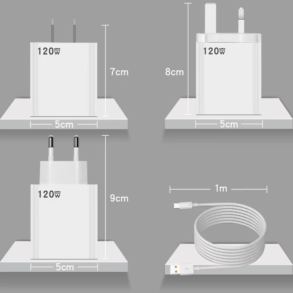 The 120w charger super fast charging set QC5.0 charging head is fully compatible with European, American and British standards, and is suitable for Huawei and Xiaomi Specification drawing