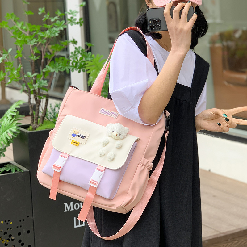 Large-capacity bag for girls, design sense, student class bag, casual and simple single-shoulder bag, color-blocking tutorial bag, tutorial bag for girls details Picture