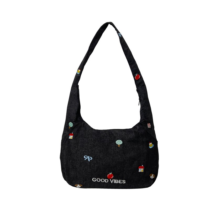 Japanese-style school-style embroidered crossbody bag, denim large-capacity student class bag, casual and artistic single-shoulder tote bag Item Picture