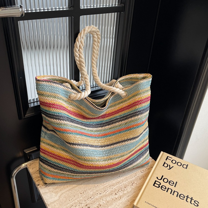 Summer striped straw woven bag for women, 2024 new style, trendy and fashionable, large-capacity commuter shoulder bag, color-blocking tote bag details Picture