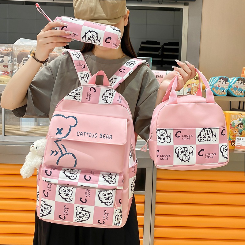 Wholesale of new cross-border primary school schoolbags for girls, three-piece set, Korean version color-blocking large-capacity backpacks and insulated lunch boxes full figure
