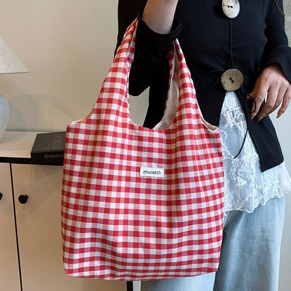 Korean style large-capacity underarm bag for women, 2025 new color-blocking checkered tote bag, make-up class single-shoulder bag Specification drawing