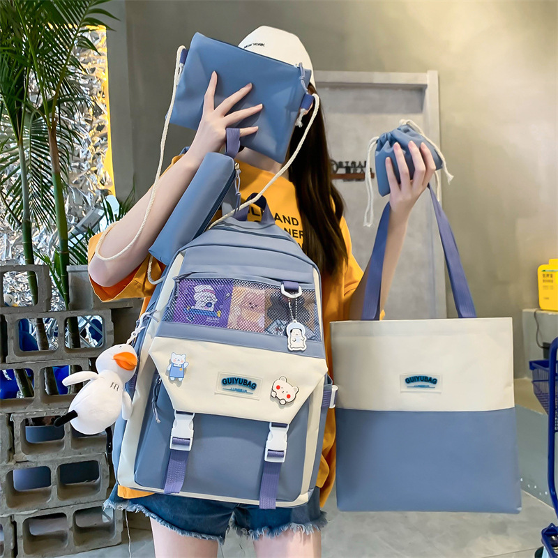 Junior high school student schoolbag, large-capacity girls' make-up class bag, five-piece backpack, fashionable Korean-style fresh and clean campus backpack full figure