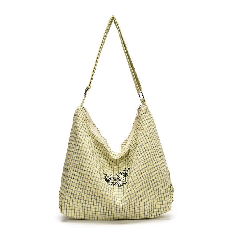 2025 New cute cartoon-embroidered little dog checkered school style single-shoulder canvas bag, large capacity lazy tote bag Item Picture