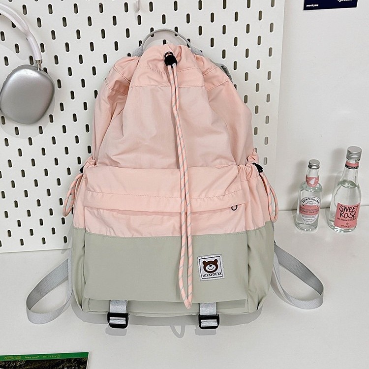 A new 2024 women's color-blocking ins lightweight, sporty, drawstring outdoor hiking bag with a large capacity and drawstring opening for travel full figure