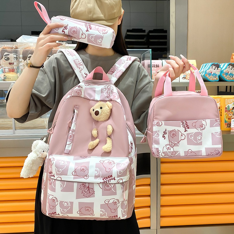 New large-capacity schoolbag for primary and secondary school students, cute little bear backpack for girls, lunch box, three-piece set, travel backpack for cross-border Specification drawing