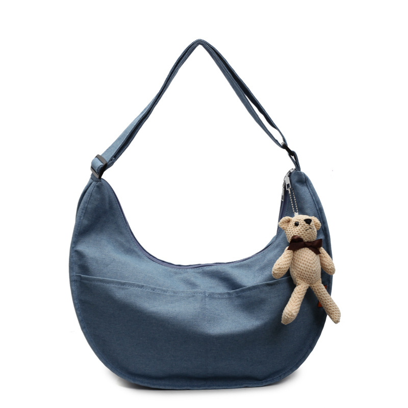 New cute plush bear shoulder bag, cartoon girl tote bag, large-capacity dumpling bag, denim crossbody bag Item Picture