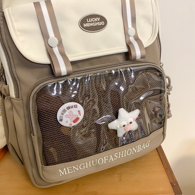The color-blocking soft girl Harajuku style student backpack has a high appearance level, is dirt-resistant and has a large capacity. It is a backpack for junior and senior high school students Specification drawing
