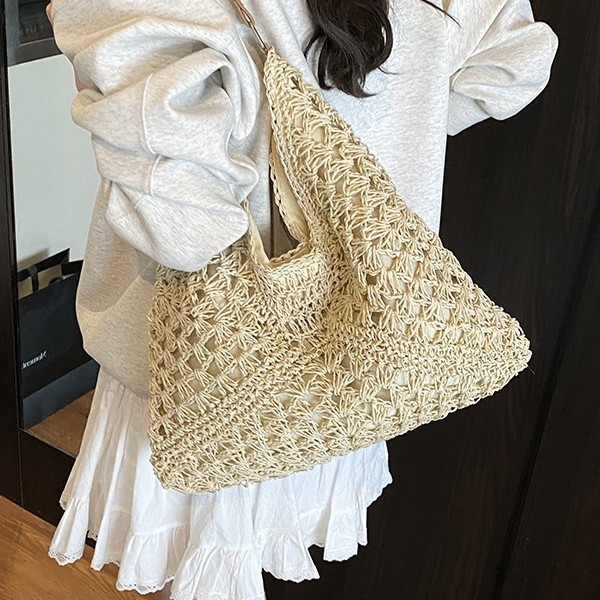 New color-blocking 2025 popular bestsellers, large-capacity woven bag, versatile and fashionable straw woven bag, vacation and commuting single-shoulder bag Specification drawing
