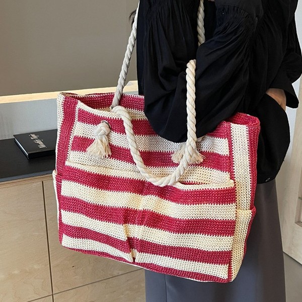 New women's bags, foreign trade grass woven bags, mommy bags, beach bags, Twitter bags, large-capacity single-shoulder bags, checkered bags details Picture