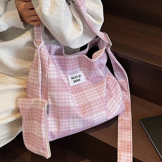 Checkered color-blocking canvas bag, women's large-capacity student commuter tote bag, computer bag, versatile casual single-shoulder crossbody bag full figure