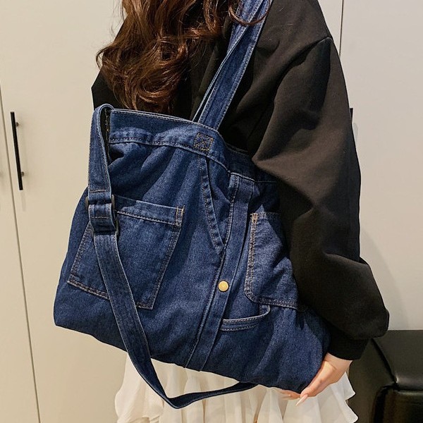 Retro hand-held shopping bag, large-capacity casual denim bag, school-style canvas single-shoulder bag, Tote ins crossbody bag details Picture