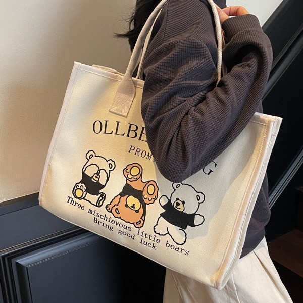 New bear canvas bag for portable work, small size, hand-held lunch bag, hand-held canvas bag, large-capacity travel bag full figure