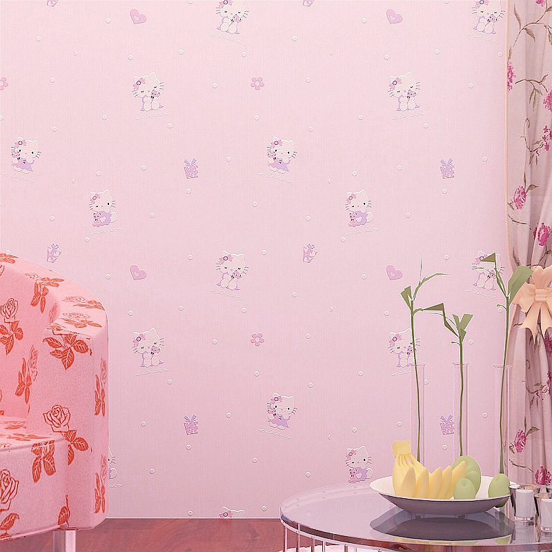 Light pink 3D embossed cartoon wallpaper for boys' and girls' rooms and clothing stores, warm and simple KT cat children's background wallpaper details Picture