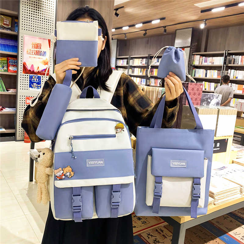 New five-piece schoolbag set for girls, Korean version, Harajuku color contrast large-capacity nylon middle school backpack, custom-made for cross-border production details Picture