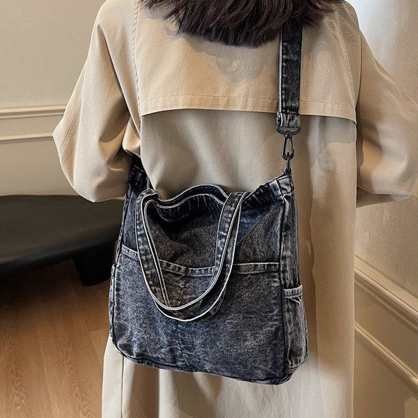 Denim single-shoulder bag, women's large-capacity shopping bag, tote bag, Korean casual handbag, portable crossbody bag Specification drawing
