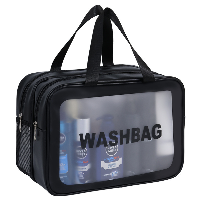 Transparent dry-wet separation toiletry bag, matte PU travel bag, portable hand-held large-capacity double-layer bath storage bag Item Picture
