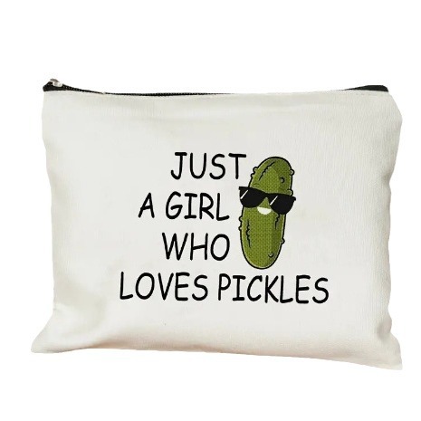 Cross-border temu best-selling cucumber letter linen double-sided printed cosmetic bag, storage bag, women's multi-functional zipper bag Item Picture