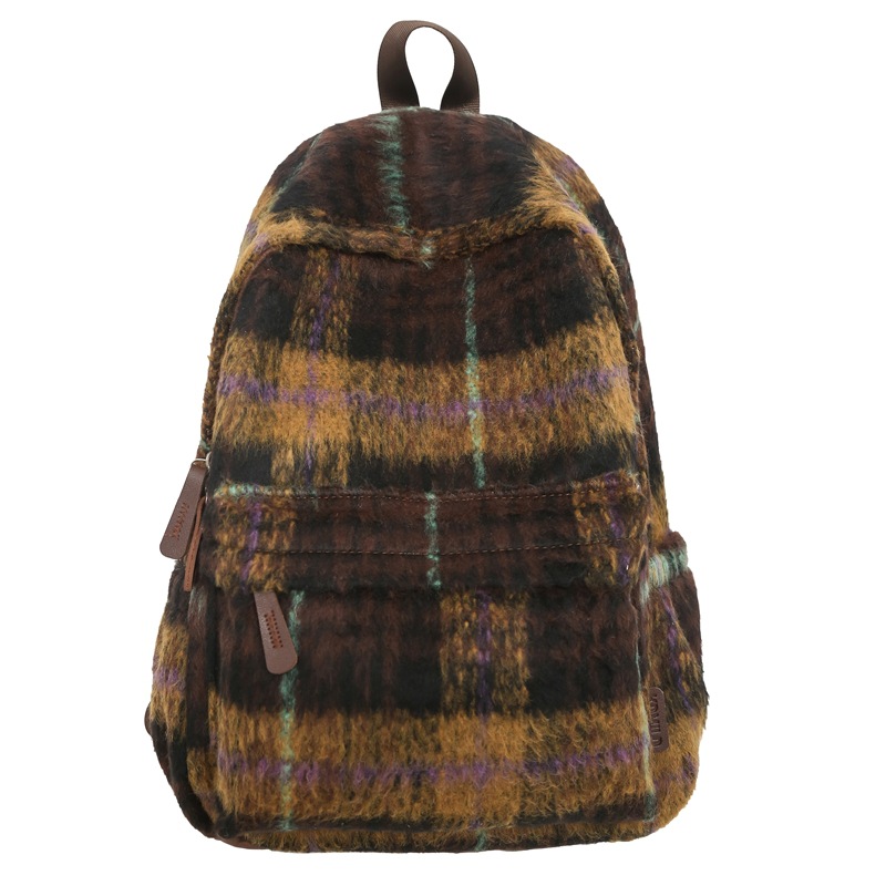 Korean version of ins school style woolen checkered schoolbag for girls 2024 winter new high appearance level backpack for students Item Picture