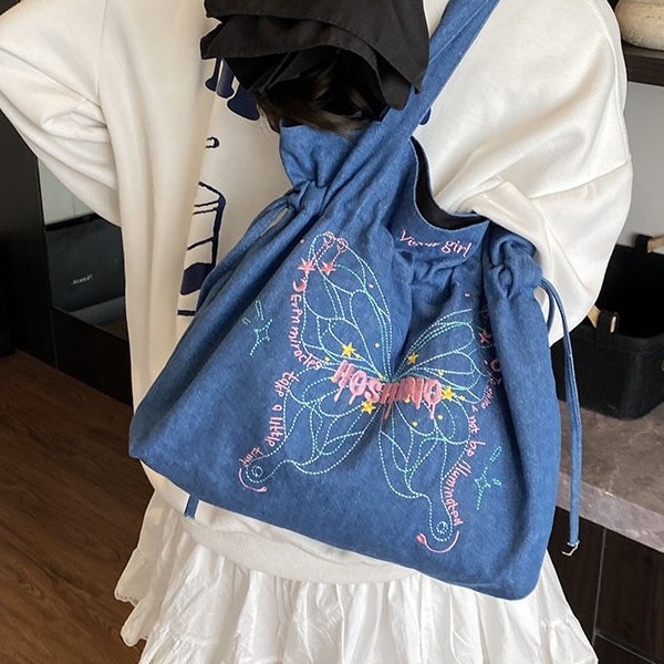 ins exquisite embroidered casual denim small cloth bag, handbag, cosmetics storage, butterfly Spring new single shoulder bag Specification drawing