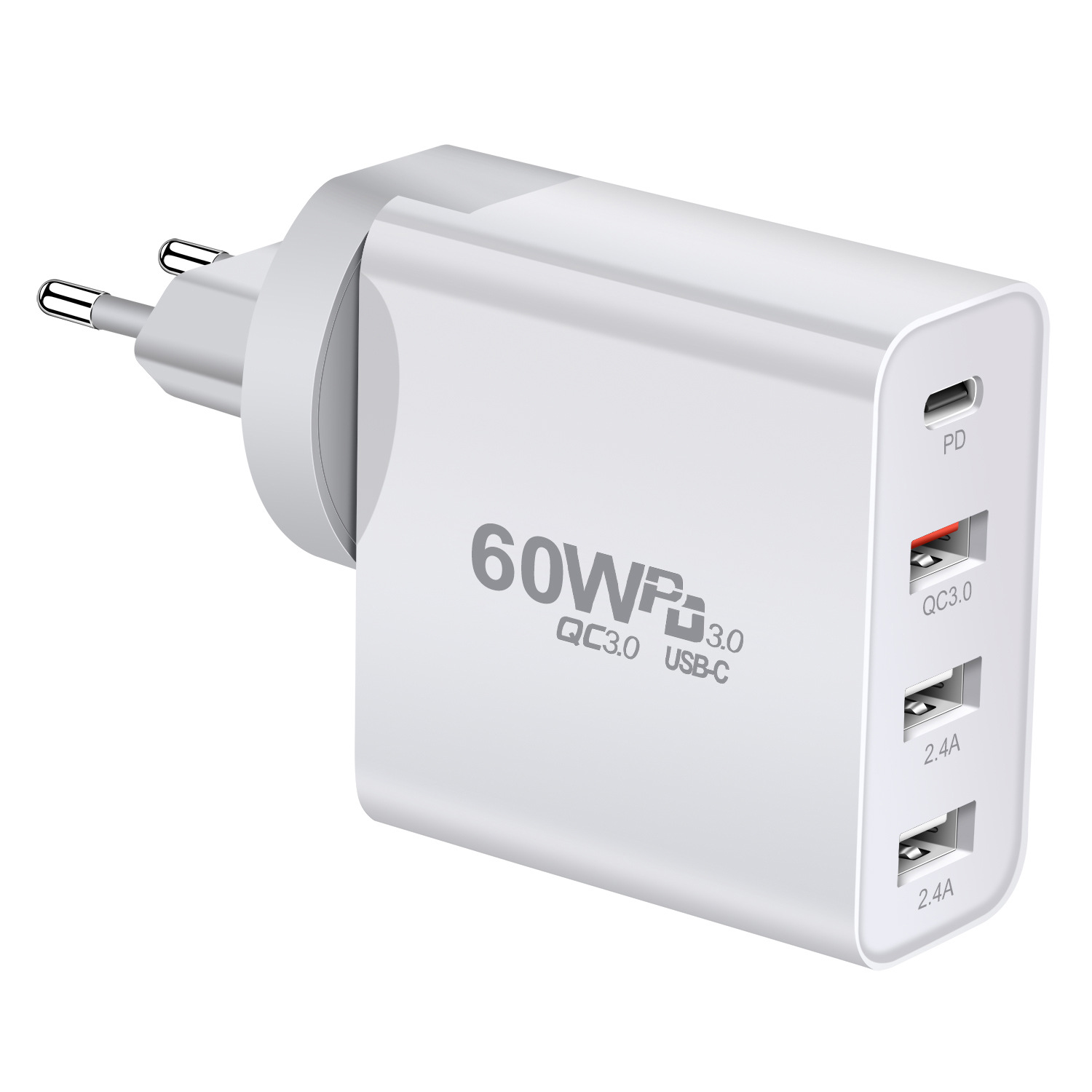 60W multi-port charger PD, 60W mobile phone charger QC3.0 charger, PD+QC3.0 dual fast charging adapter full figure