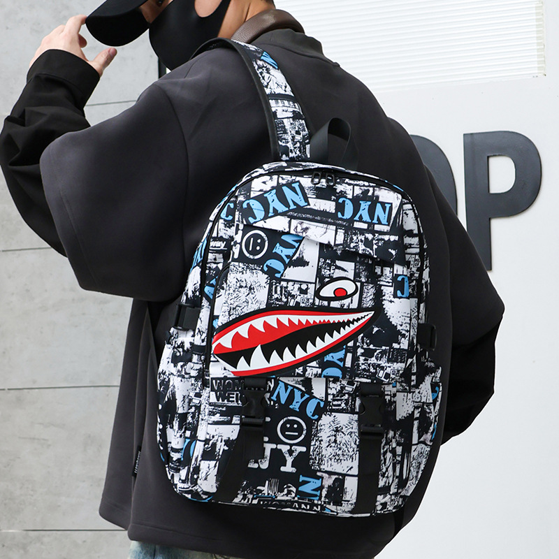 Shark Schoolbag Men's fashionable and trendy youth junior and senior high school campus backpack Large capacity personalized waterproof backpack wholesale Specification drawing