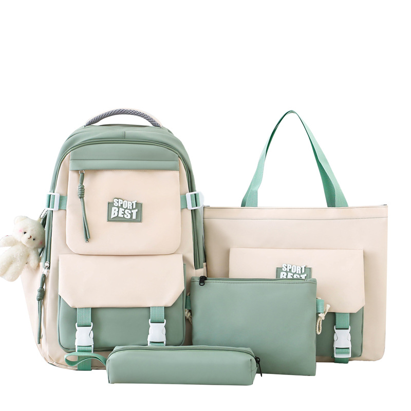 Trendy nylon four-piece set backpack in stock, fashionable color-blocking school backpack, large-capacity college student schoolbag for girls Item Picture