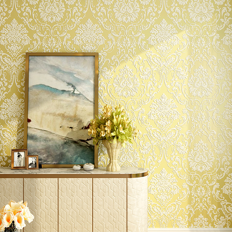 European-style three-dimensional thickened Damascus non-woven fabric wallpaper, living room, bedroom, room, TV background, wall paper with glue Specification drawing