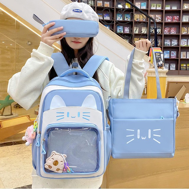 Cute cartoon cat large-capacity schoolbag, soft girl transparent smacking pain bag, backpack for primary and junior high school students details Picture