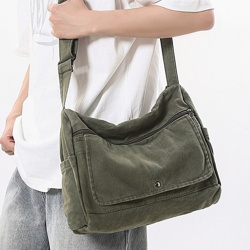Japanese-style washed canvas bag, laid-back style, drape crossbody bag, women's artistic class bag, messenger bag, casual single-shoulder bag, men details Picture