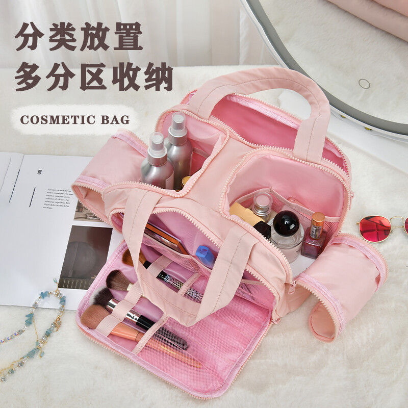 Double-wide four-opening large-capacity fluffy makeup bag, travel portable toiletry bag, multi-functional compartment storage bag for business trips Application Scenario