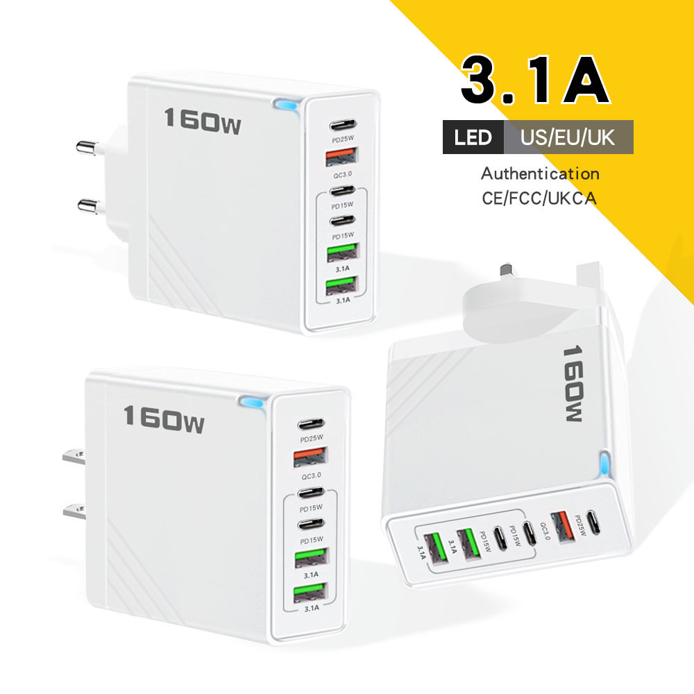 3PD+3USB mobile phone charger 5V3.1A 6-in-1, 160W multi-port adapter charging head for European, American and British standards full figure