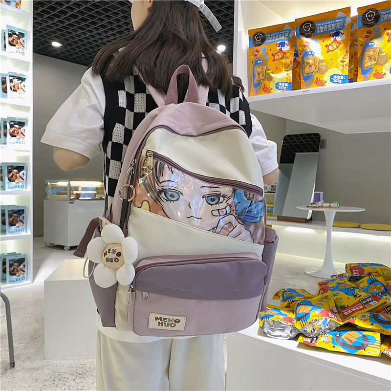 A new Korean version of a backpack for girls, featuring cartoon and anime nylon, is a trendy and casual schoolbag for junior high school students details Picture