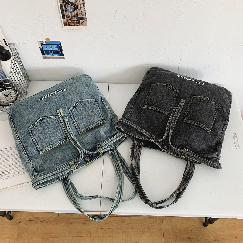 Retro washed denim canvas bag, 2024 new large-capacity commuter tote bag, fashionable and casual single-shoulder handbag Specification drawing