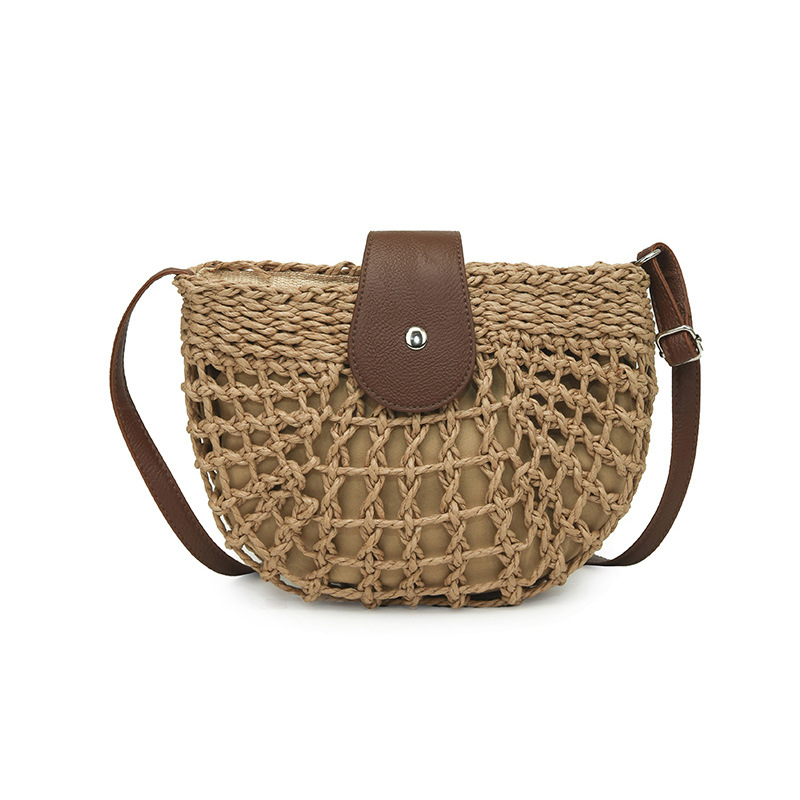 New trendy single-shoulder straw bag, woven bag, vacation beach bag, women's bag, fresh and clean, semi-circular hollowed-out crossbody straw bag Item Picture