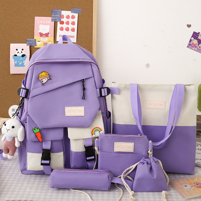 Five-piece set of schoolbag for middle school girls, Korean style Instagram Harajuku Hong Kong-style large-capacity canvas backpack for junior high school students Application Scenario