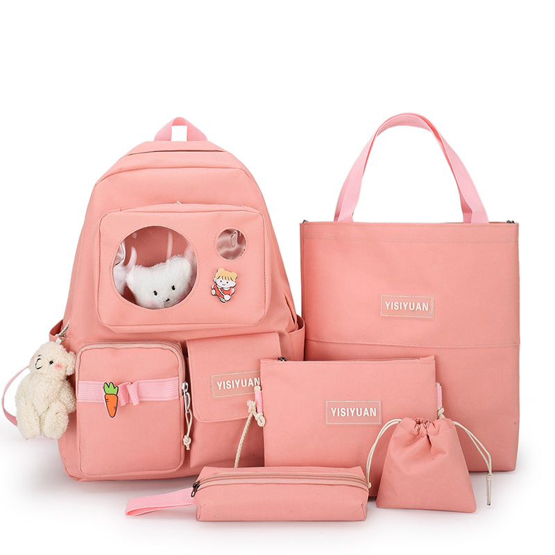 New Korean version bear doll girls' backpack five-piece set canvas junior high school girls' backpack Item Picture