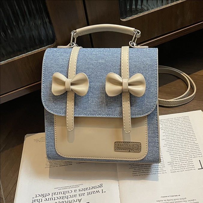 2025 New bow fashion school style backpack, multi-functional solid color retro small backpack, spliced single shoulder bag full figure