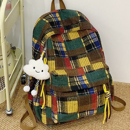 New cross-border backpack for women, retro checkered bag, large capacity, versatile for women, casual travel, student backpack full figure